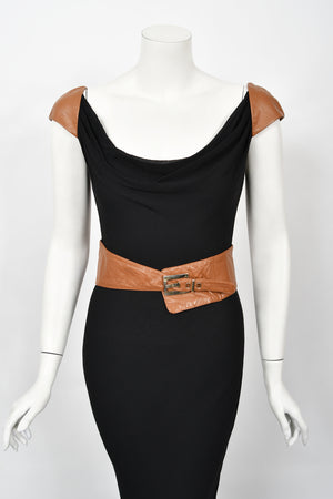 2001 Versace Couture Documented Runway Black Sheer Silk & Leather Bias-Cut Gown