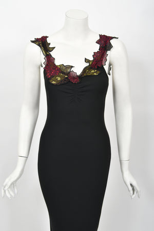 2001 John Galliano Red Chrysanthemum Floral Appliqué Black Silk Chiffon Bias-Cut Gown