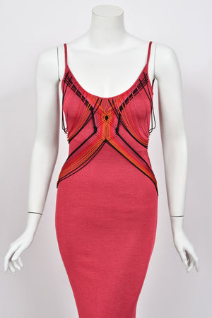 2003 Christian Dior by John Galliano Burgundy Red Stretch-Knit Draped Strings Maxi Dress