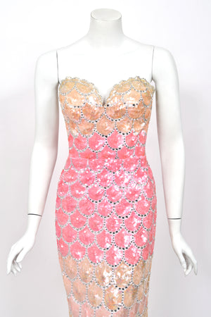 1950's Custom Couture Fully Sequin Pink Ombré Rhinestone Hourglass Gown w/ Gloves