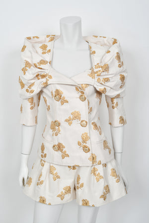 2013 Chanel by Karl Lagerfeld Documented Metallic Gold & Ivory Silk Brocade Jacket w/ Shorts