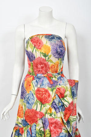 1958 Arnold Scaasi Couture Colorful Floral Silk Strapless Dress & Swing Jacket