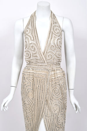 1982 Halston Runway Beaded Sheer Illusion Champagne Lace Backless Halter Wrap Gown