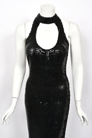 1973 Loris Azzaro Couture Black Fully Sequin Cut-Out Hourglass Mermaid Gown