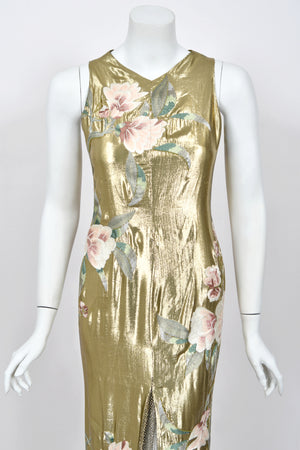 1997 Valentino Runway Metallic Gold Beaded Embroidered Floral Lamé Silk High Slit Column Gown