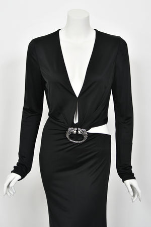 2004 Gucci by Tom Ford Black Silk Jersey Plunge Long Sleeve Cut-Out Finale Gown