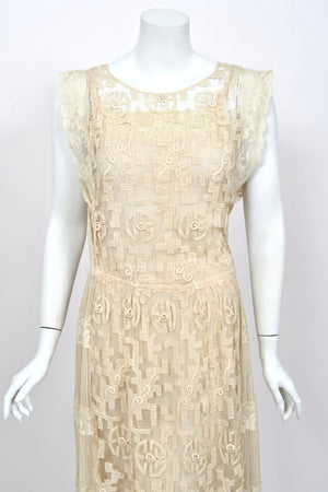 1920's French Cream Heavily Embroidered Deco Motif Filet Lace & Sheer Net Tea-Length Dress
