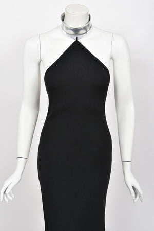 1975 Rudi Gernreich Documented Metal-Collar Black Jersey High-Slit Maxi Dress