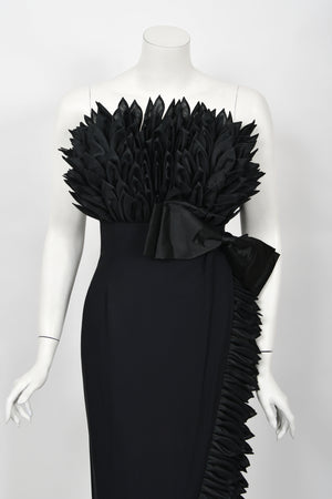 1959 Hall Ludlow Couture Museum-Held Black Silk Appliquéd Petals Hourglass Gown