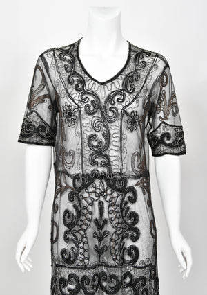 1920's Embroidered Black Sheer Mixed-Lace Beaded Art Deco Motif Dress