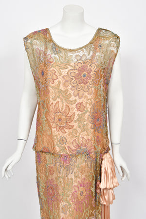 1920's French Couture Colorful Beaded Metallic Lamè Lace & Pink Silk Dress