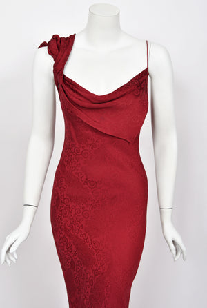 1999 John Galliano Maori Collection Merlot Red Silk Bias-Cut Gown w/ Fringed Shawl