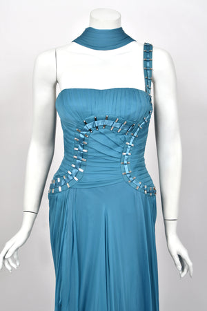 2009 Versace Runway Embellished Blue Silk Chiffon One-Shoulder High Low Gown