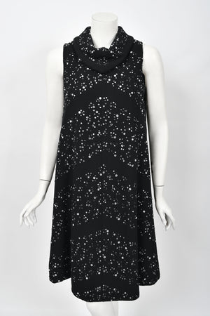 1960's Pauline Trigère Rhinestone Studded Black Wool Mod Trapeze Dress