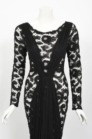 1998 Hanae Mori Haute Couture Beaded Sheer Lace & Chiffon Hourglass Gown