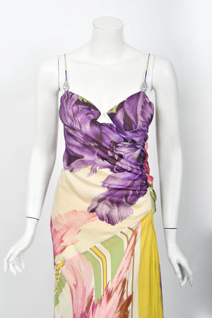 2005 Roberto Cavalli Large-Scale Floral Silk Bustier High-Slit Gown & Shawl