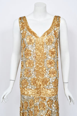 1920's French Couture Metallic Gold Beaded Sequin Cotton-Net Flapper Dress