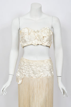 1950's Ivory Floral Appliqué Silk Bustier Crop Top & Matching Fringe Skirt Set