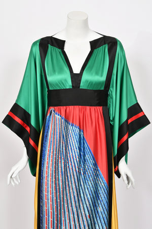 1977 Ungaro Haute Couture Runway Colorful Silk Kimono-Sleeve Tunic Blouse & Skirt Ensemble