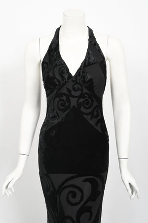 1997 Galindo Couture Black Devoré Velvet Bias-Cut Halter Trained Gown