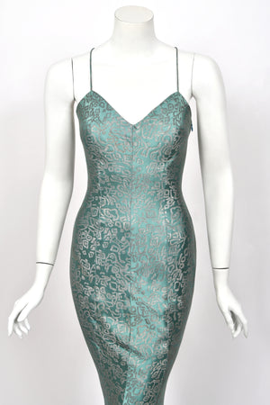 1999 Christian Dior by John Galliano Metallic Teal Blue Lamé Silk Bias-Cut Slip Gown