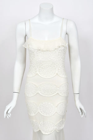 2005 Christian Dior by John Galliano Ivory Knit Appliqué Sheer Silk Fitted Slip Dress