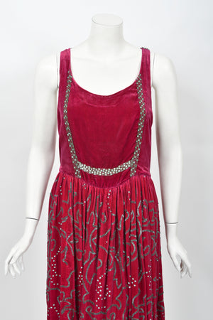 1920's Magenta Pink Beaded & Rhinestone Velvet Back Cut-Out Flapper Dress
