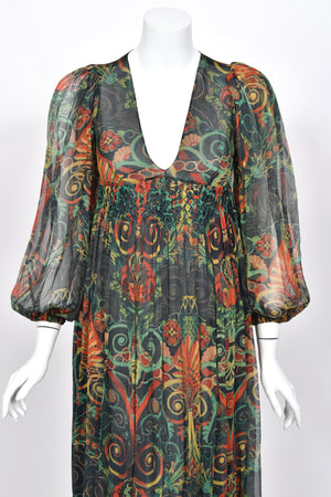 1971 Thea Porter Couture Green Art Nouveau Motif Silk Billow-Sleeve Maxi Dress