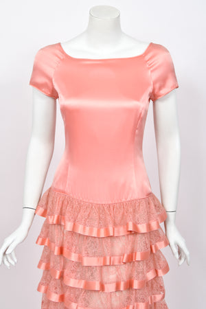 1993 Valentino Runway Blush Pink Silk & Sheer Chantilly-Lace Tiered Ruffle Maxi Dress