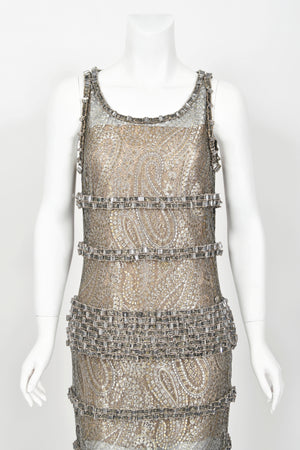 2012 Chanel by Karl Lagerfeld Runway Crystal Beaded Sheer Silver & Gold Lace Dress