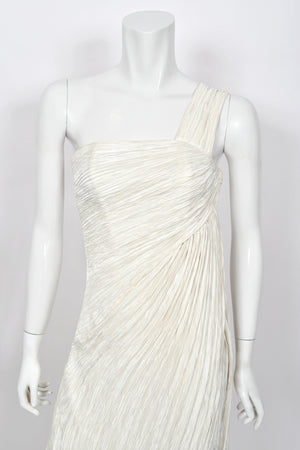 1983 Mary McFadden Ivory Heavily Pleated Asymmetric One-Shoulder Draped Goddess Gown