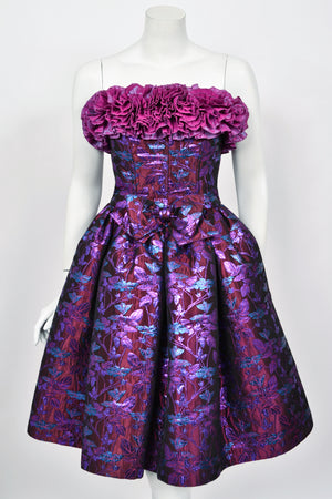 1989 Nina Ricci Haute Couture Metallic Fuchsia Silk Brocade Strapless Skirted Dress