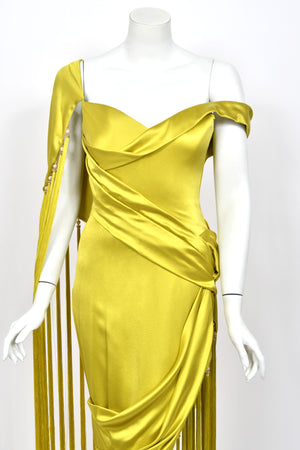 2018 Ralph & Russo Haute Couture Chartreuse Silk Satin Asymmetric Crystal Fringed Gown