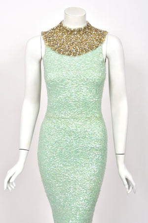 1960's Gene Shelly Seafoam Fully- Sequin Stretch Knit Beaded Collar Hourglass Gown