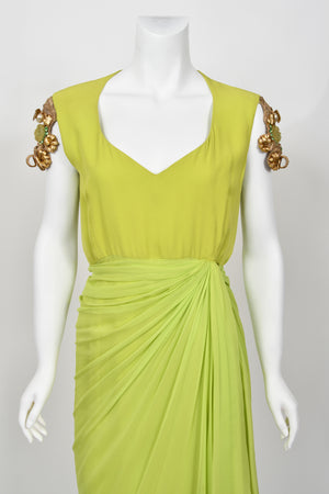 1991 Christian Dior by Gianfranco Ferré Chartreuse Silk Metallic Beaded Draped Dress