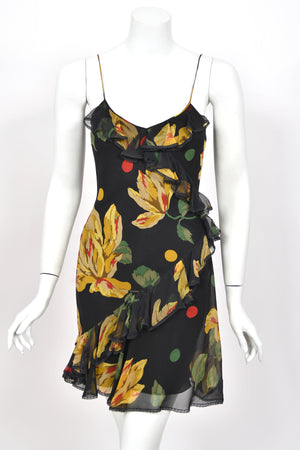 2004 John Galliano Large Scale Deco Floral Chiffon & Lace Bias-Cut Slip Dress