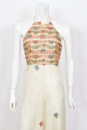 1979 Thea Porter Couture Metallic Gold Embroidered Ivory Silk-Chiffon Halter Gown