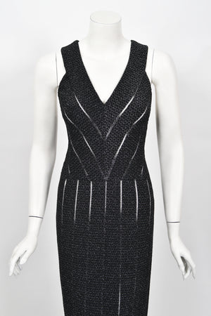 2012 Azzedine Alaia Black Metallic Knit Bodycon Sheer Cutwork Fishtail Gown