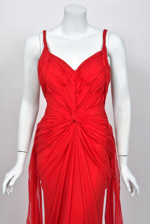 2007 Emanuel Ungaro Lipstick Red Heavily Ruched Silk Chiffon Trained Hourglass Gown
