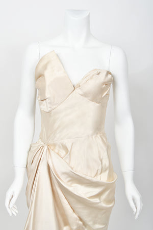 1949 Jeanne Lanvin Haute Couture Ivory Silk Satin Strapless Draped Bridal Gown