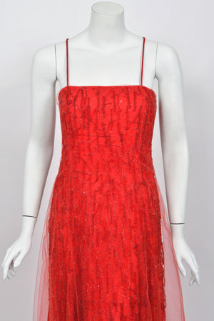 2001 Giorgio Armani 'Kate Moss for Vogue' Magazine Cover Fully-Beaded Ruby Red Silk Tulle Finale Gown