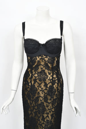 1997 Dolce & Gabbana Sheer Black Stretch Lace Built-In Bra Slip Gown