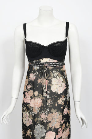 1997 Dolce & Gabbana Sheer Floral Chiffon & Lace Built-In Bra Slip Dress