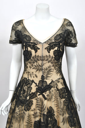 1950’s Hattie Carnegie Couture Large-Scale Black Floral Chenille Lace Full Skirted High-Low Gown
