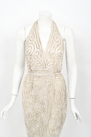 1970's Halston Couture Ivory Beaded Sheer Lace Backless Halter Wrap Gown