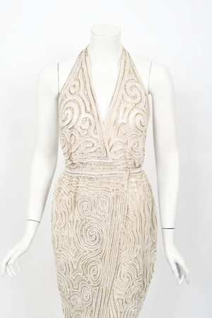 1970's Halston Couture Ivory Beaded Sheer Lace Backless Halter Wrap Gown