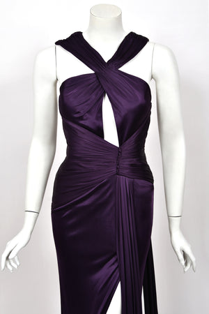 2013 Versace Runway Royal Purple Stretch Jersey Cut-Out High Slit Hourglass Gown