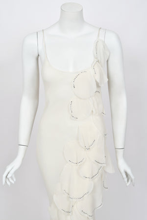 1990 Angelo Tarlazzi Paris Couture Ivory Silk Rhinestone Petals Bias-Cut Trained Gown