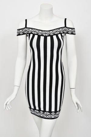 1992 Azzedine Alaia Runway Striped Stretch Knit Cold-Shoulder Bodycon Mini Dress