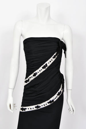 1984 Galanos Couture Crystal Beaded Black Silk Strapless Corset Hourglass Gown